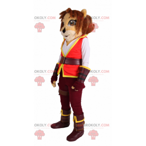 Leoa mascote com roupa de aventureira - Redbrokoly.com