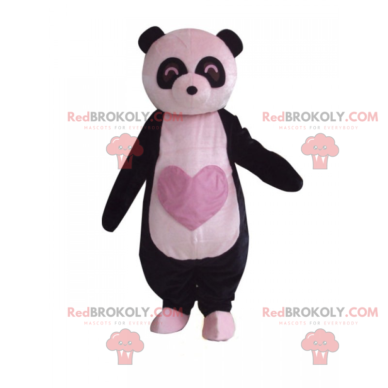 Panda maskot med et rosa hjerte på magen - Redbrokoly.com