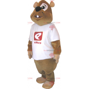 Rotes Papageienmaskottchen im grünen Overall - Redbrokoly.com