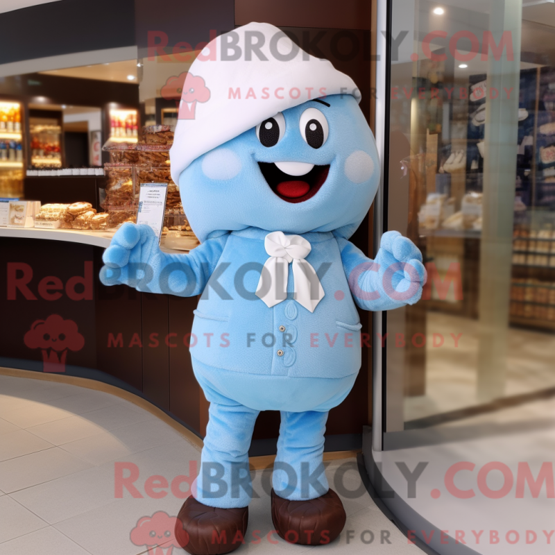 Fantasia de mascote de chocolates azul-celeste com macacão e luvas - Mascotes chocolates - REBROKO_292168 - RedBrokoly.com