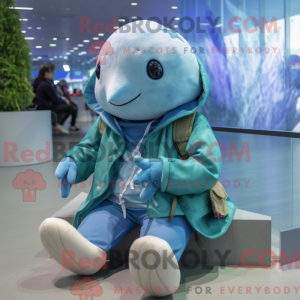 Cyan Narwhal maskot kostume...