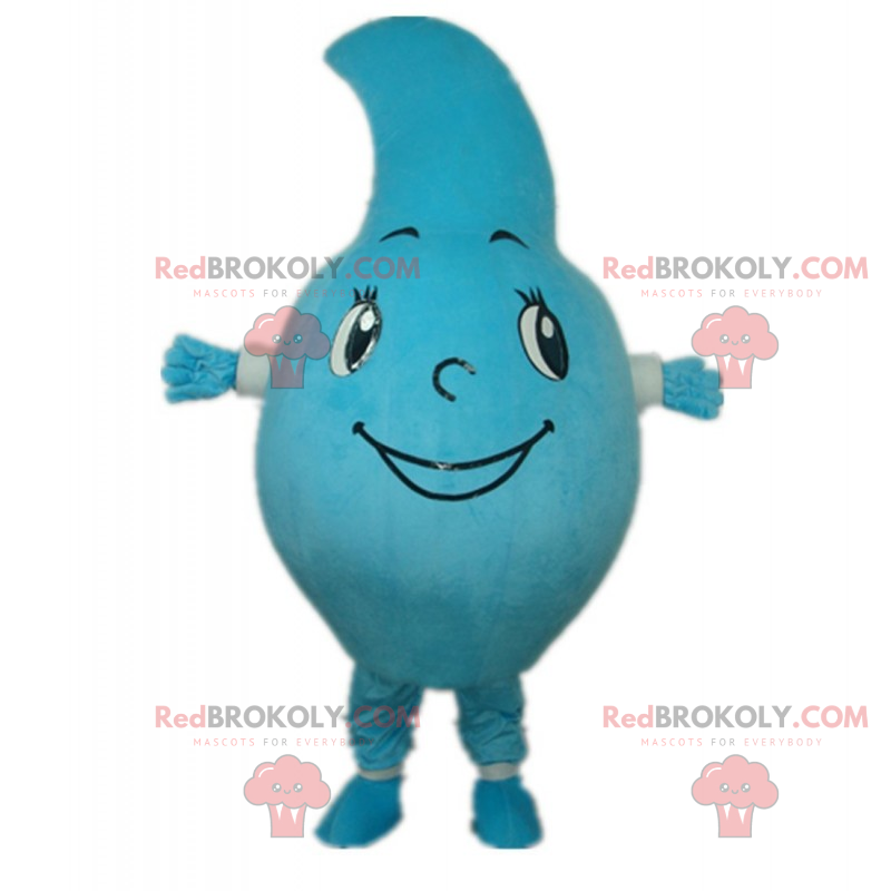 Mascote de personagem azul com um rosto sorridente -