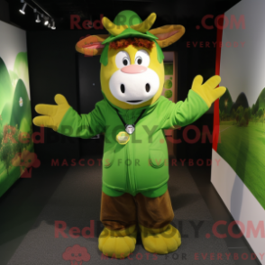 Fantasia de mascote de vaca Jersey verde-limão com parca e luvas sem dedos - Mascotes Vaca Jersey - RedBrokoly.com