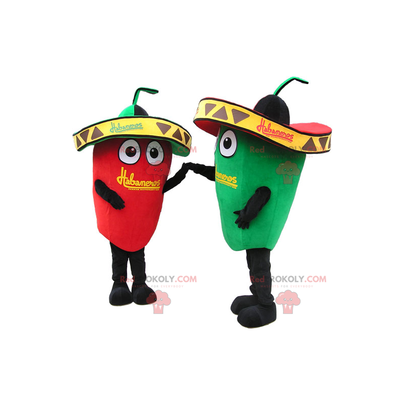 Mascot red and green pepper with sombreros - Redbrokoly.com