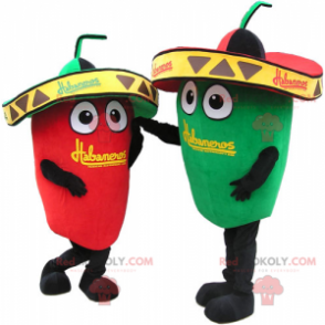 Mascotte peperone rosso e verde con sombreri - Redbrokoly.com