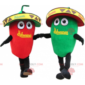 Maskottchen roter und grüner Pfeffer mit Sombreros -