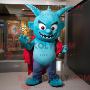 Fantasia de mascote diabo turquesa com calça jeans e gorros - Mascotes do diabo - REBROKO_294673 - RedBrokoly.com
