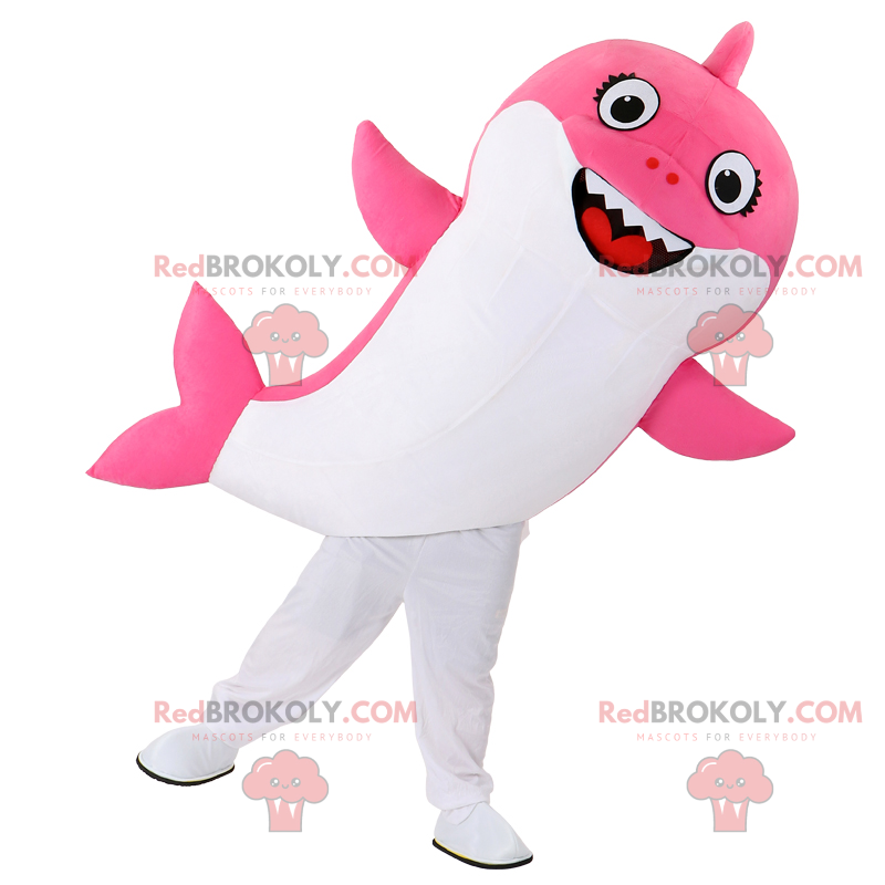 Cartoon shark mascot wearing a hockey jersey while