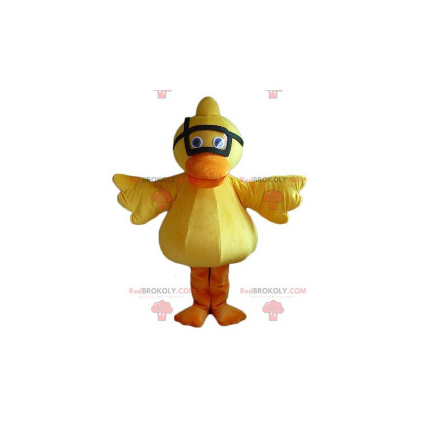 Mascote de pintinho de pato amarelo e laranja com máscara -