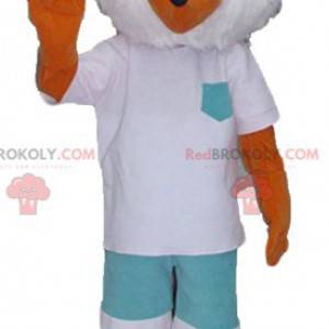 Orange and white fox mascot in white and green outfit -