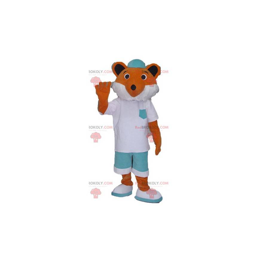 Orange und weißer Fuchs Maskottchen im weißen und grünen Outfit Orange und weißer Fuchs Maskottchen im weißen und grünen Outfit
