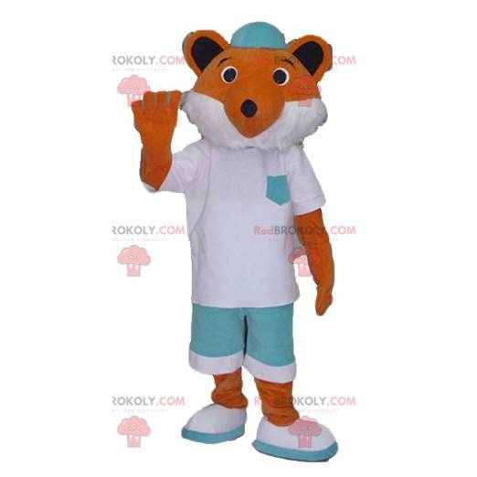 Orange and white fox mascot in white and green outfit -