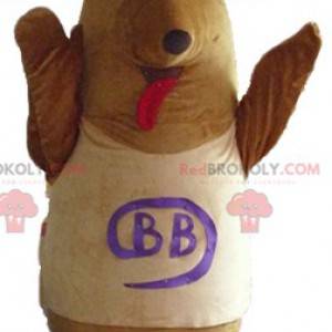 Brown and beige dog mascot with a bow on the head -