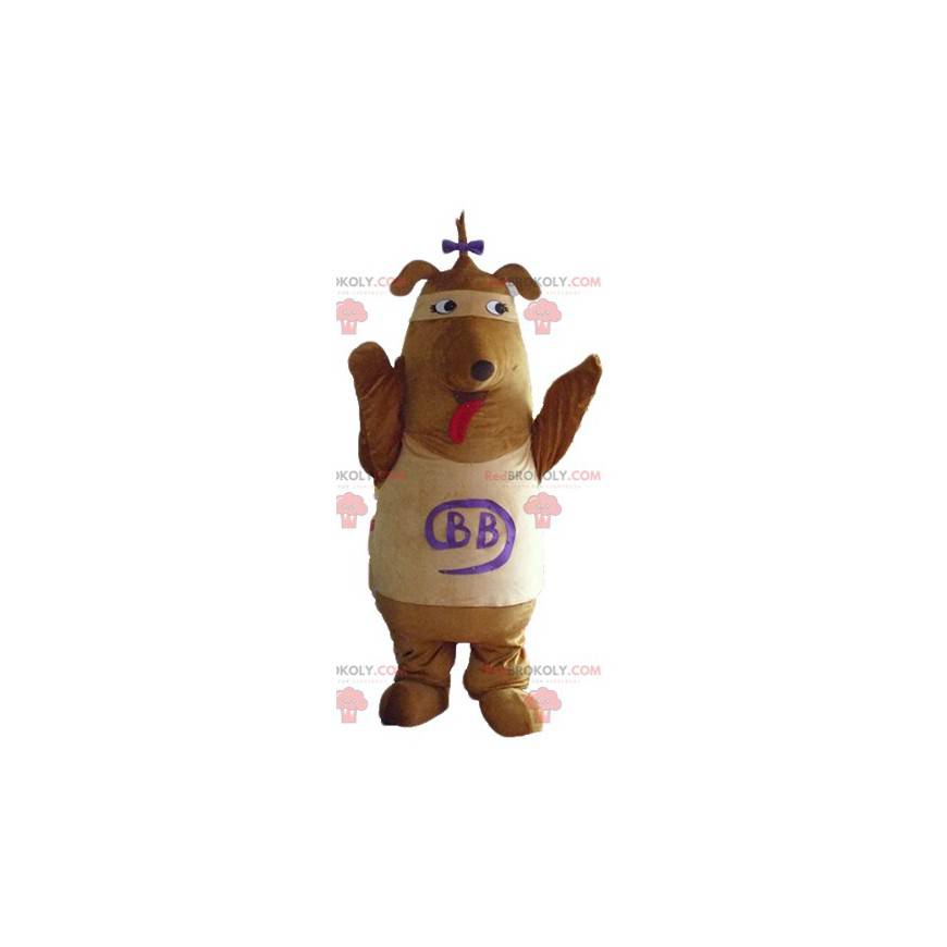 Brown and beige dog mascot with a bow on the head -