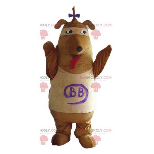 Braunes und beige Hundemaskottchen mit einer Schleife auf dem