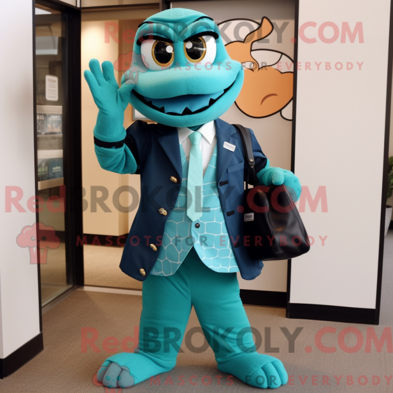 Blågrön ormmaskot iklädd kostymjacka och budväskor - Ormmaskotar - REBROKO_296526 - RedBrokoly.com