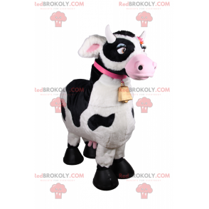 Mascotte de vache avec collier rose et clochette -