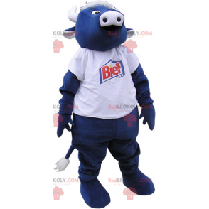 Blaues Kuhmaskottchen mit weißem T-Shirt - Redbrokoly.com