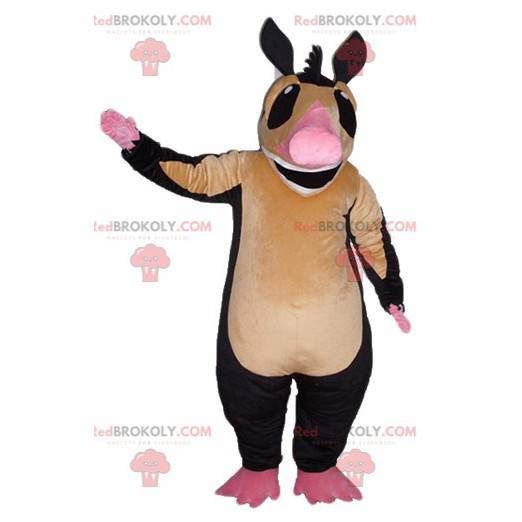 Mascote da anta marrom rosa e preta muito sorridente -
