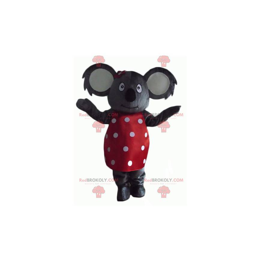 Mascote coala cinza com vestido vermelho com bolinhas brancas -