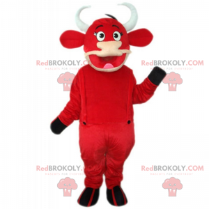 Maskot červená kráva s montérkami - Redbrokoly.com