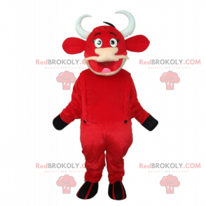 Röd ko maskot med overaller - Redbrokoly.com