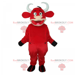 Maskot červená kráva s montérkami - Redbrokoly.com