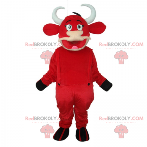 Röd ko maskot med overaller - Redbrokoly.com