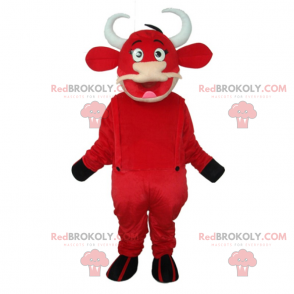 Maskot červená kráva s montérkami - Redbrokoly.com