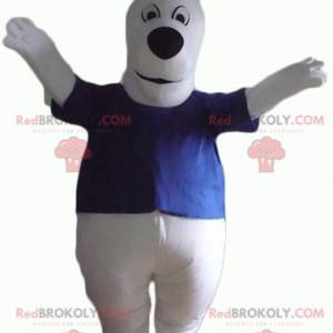 Mascote cachorro branco com uma camiseta azul rechonchuda e