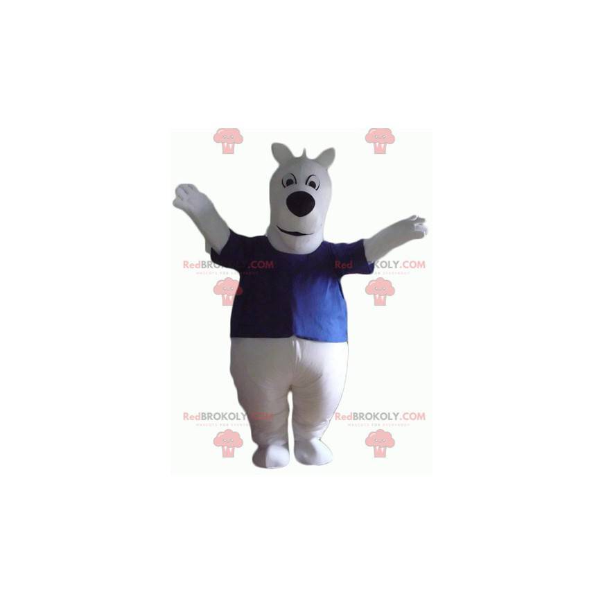 Mascote cachorro branco com uma camiseta azul rechonchuda e