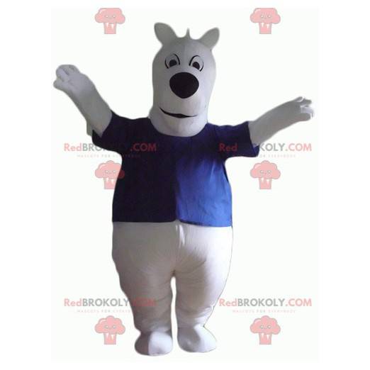 Mascote cachorro branco com uma camiseta azul rechonchuda e