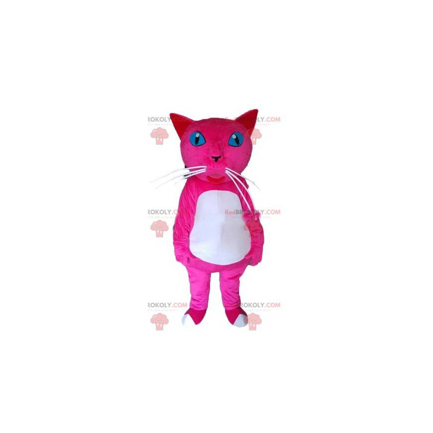 Mascotte de chat rose et blanc aux yeux bleus - Redbrokoly.com