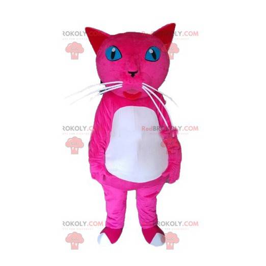 Roze en witte kat mascotte met blauwe ogen - Redbrokoly.com