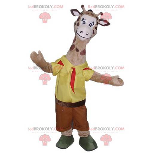 Brown giraffe mascot in yellow and red scout outfit -