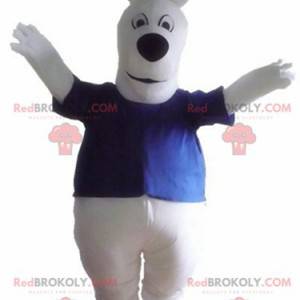 Grote witte hond mascotte met een blauw t-shirt - Redbrokoly.com