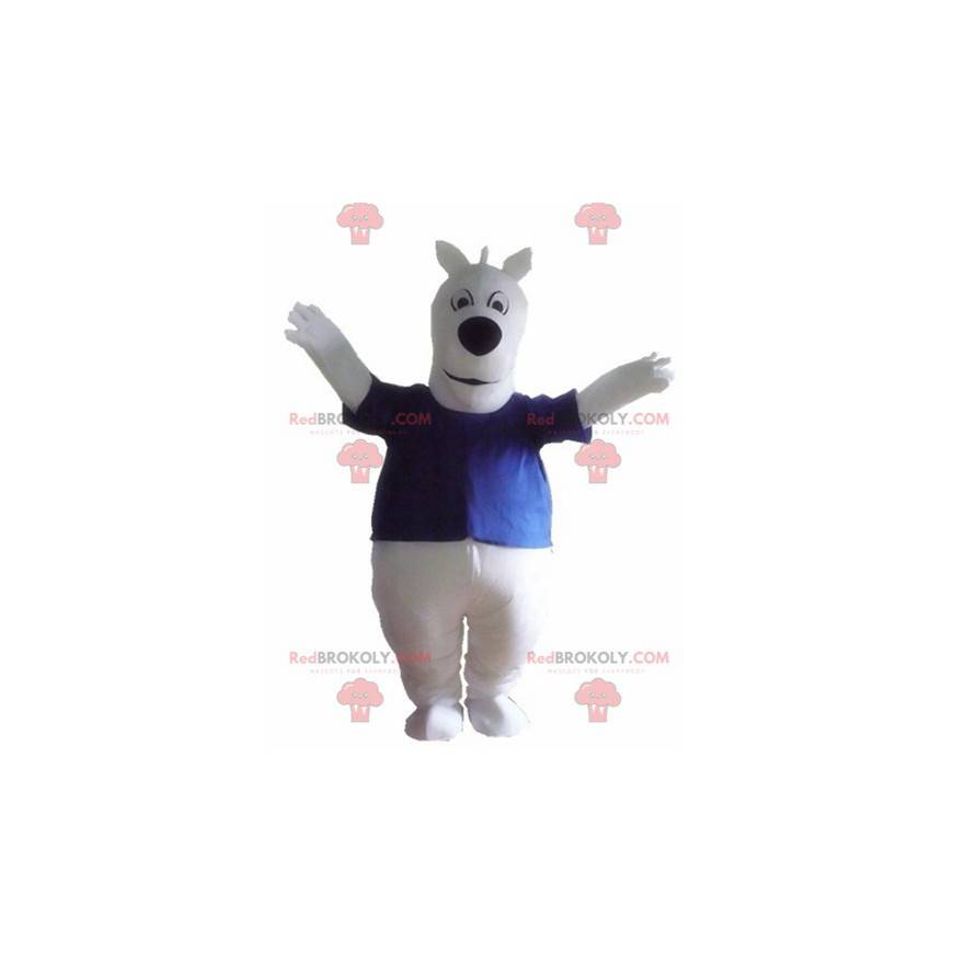 Mascote grande cachorro branco com uma camiseta azul -