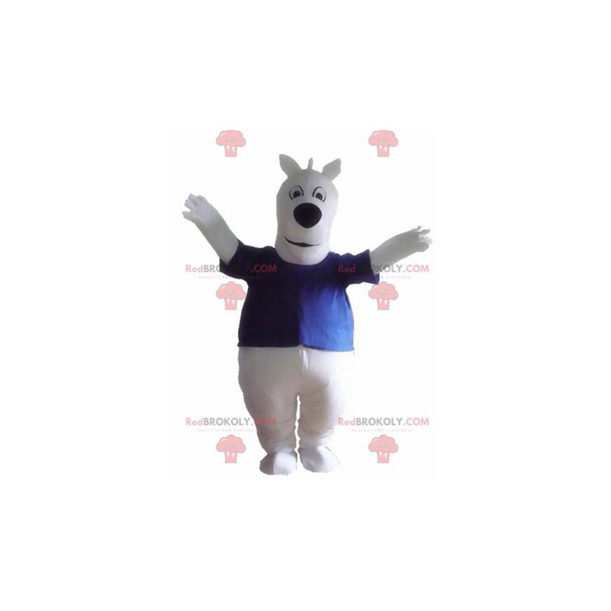 Velký bílý pes maskot s modrým tričkem - Redbrokoly.com Velký bílý pes maskot s modrým tričkem - Redbrokoly.com