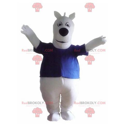 Großes weißes Hundemaskottchen mit einem blauen T-Shirt -