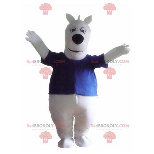 Mascote grande cachorro branco com uma camiseta azul -