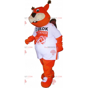 Esquilo-vermelho mascote com roupa esportiva branca -