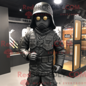 Fantasia de mascote Commando preto com jaqueta e chapéus - Mascotes de comando - REBROKO_297608 - RedBrokoly.com
