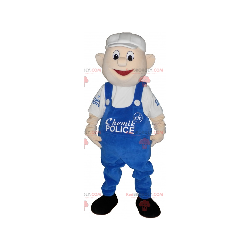 Homem mascote com macacão azul e boné branco - Redbrokoly.com