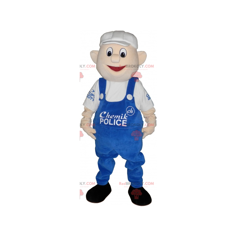 Maskot muž s modrým overalem a bílou čepicí - Redbrokoly.com