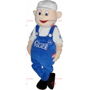 Homem mascote com macacão azul e boné branco - Redbrokoly.com