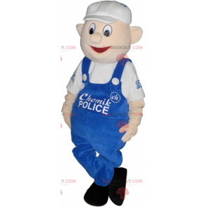 Mascotte d'homme avec salopette bleu et casquette blanche -