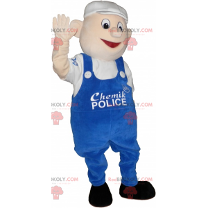 Homem mascote com macacão azul e boné branco - Redbrokoly.com