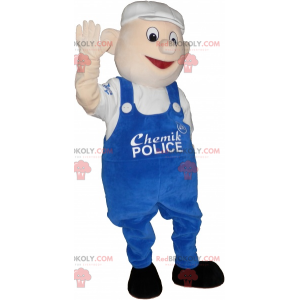 Maskotman med blå overaller och vit mössa - Redbrokoly.com