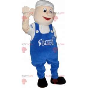 Hombre mascota con mono azul y gorra blanca - Redbrokoly.com