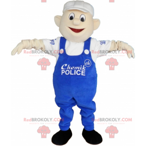 Homem mascote com macacão azul e boné branco - Redbrokoly.com